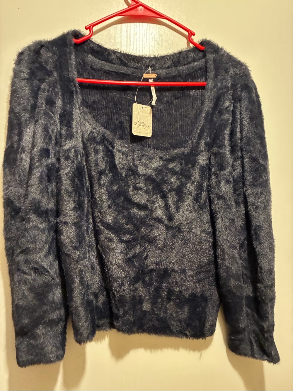 Free People Navy Fuzzy Scoop Neck Sweater